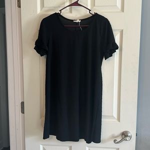 Swiss dot shift dress with ruffle sleeve